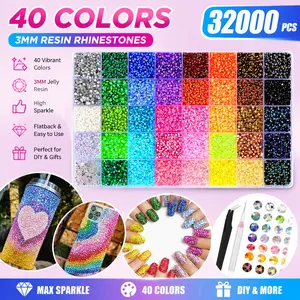 3mm 40-Color Resin Jelly Flatback Rhinestones (32000Pcs) Bedazzled Kit with Glue & Tweezer, Nail Art Decoration Accessories for Diamond Art, DIY Craft Projects