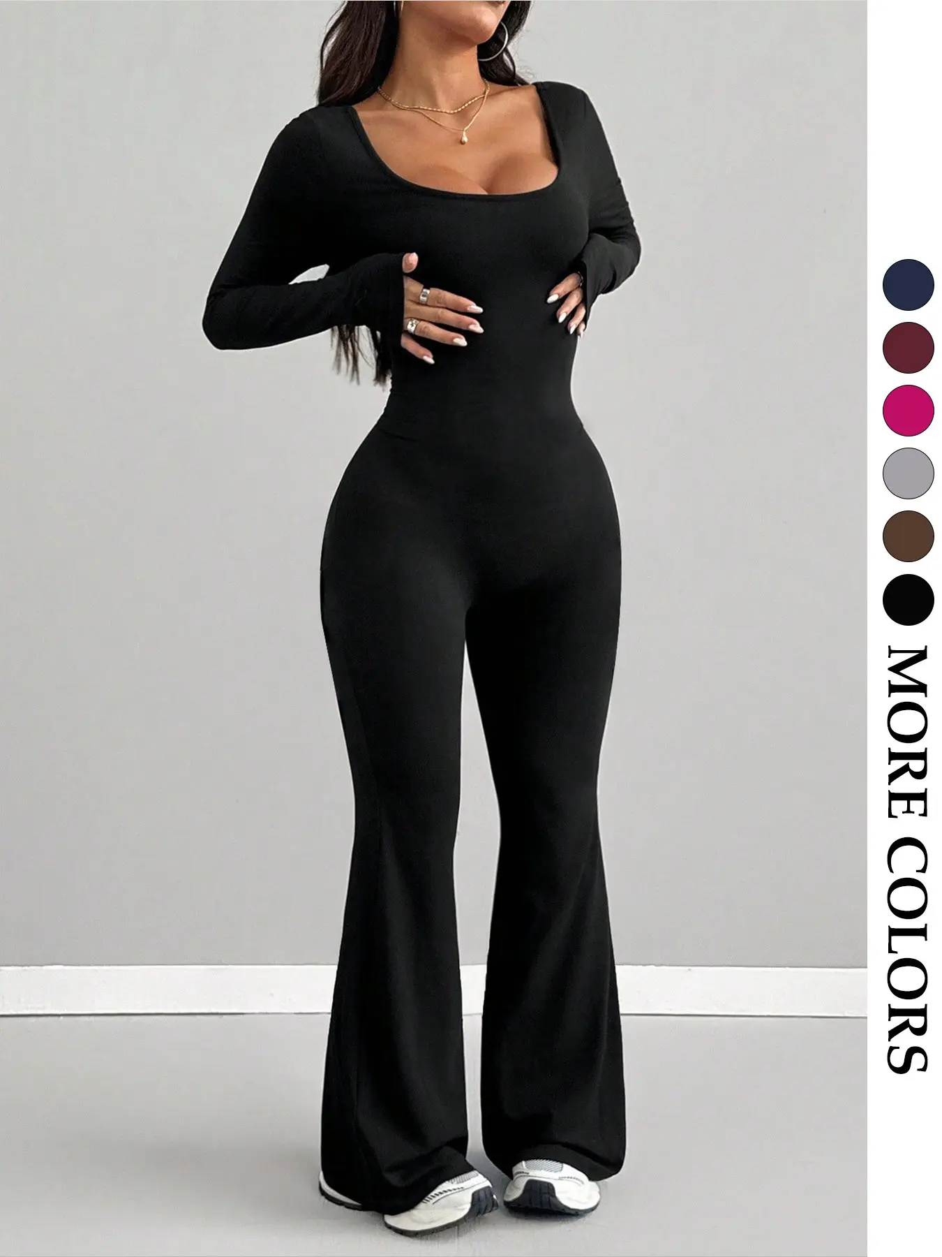 Women's Basic Plain Slim Fit Jumpsuit, Unique Design Long Sleeve One-Piece Pants, Comfortable Elastic Casual Wear for All Seasons, Casual Jumpsuits