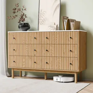 Fluted 6 Drawers Dresser for Bedroom, 54" Wide Modern Chest of Drawers with Faux Marble Top, Curved Profile Design, Solid Wood Legs, Dresser TV Stand, Storage Organizer for Bedroom, Living Room