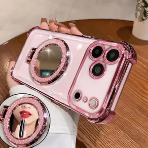 iphone 17 pro max cases girls with Mirror & Stand for iPhone 17 ProMax/ Pro/ Air. Features a pink chrome alloy frame, high-definition transparent material, reinforced corner protection, and full-body drop-resistant design Travel Phone Cover