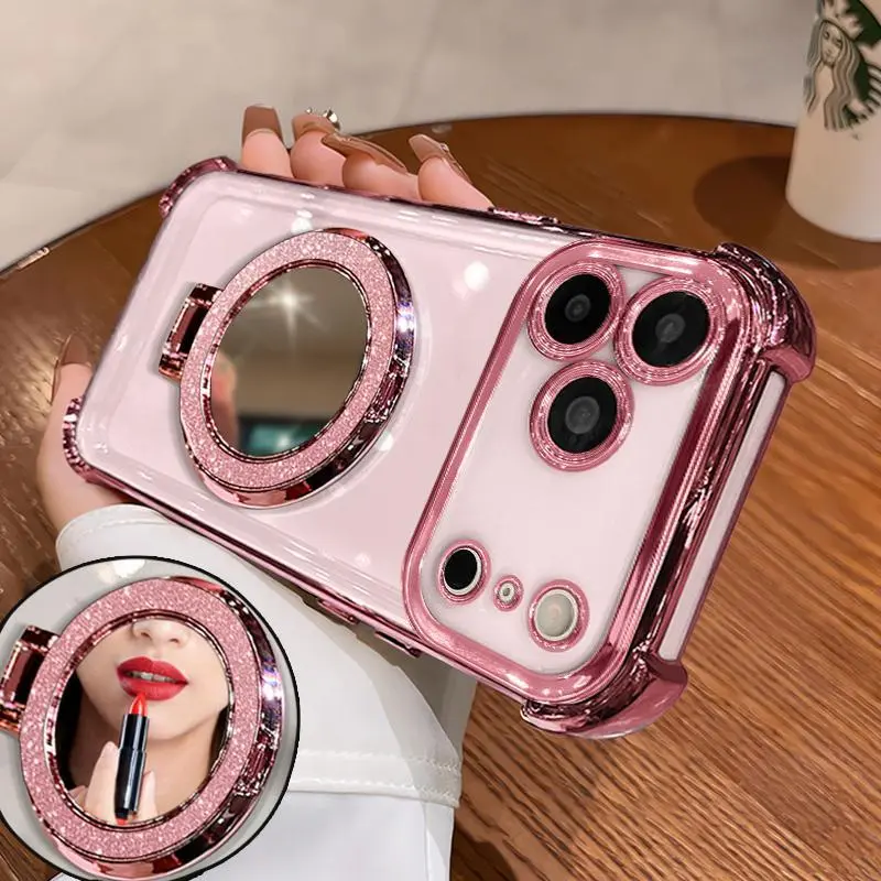 Women's Phone Case with Mirror & Stand for iPhone 17 ProMax/ Pro/ Air. Features a pink chrome alloy frame, high-definition transparent material, reinforced corner protection, and full-body drop-resistant design., Travel Phone Cover, Phone Protection