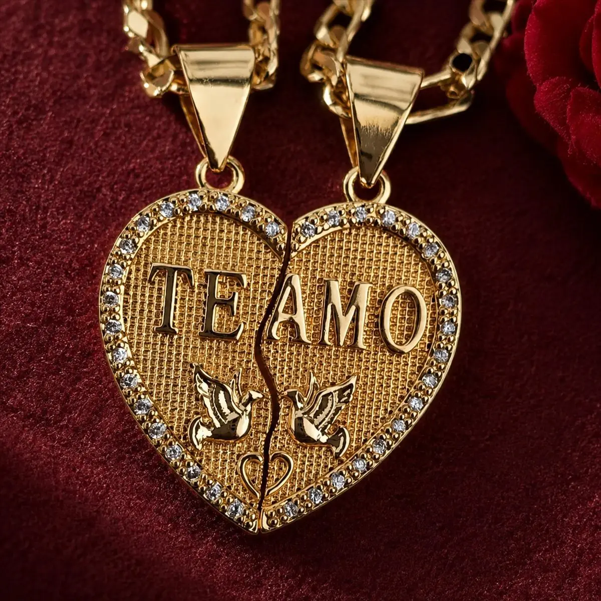 Gold-Tone Split Heart “I Love You” Couples’ Necklace Set with Crystal Border and Two Matching Chains, Romantic Gift for Partners