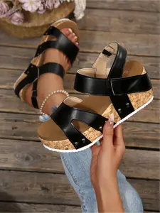 Women's Cork Platform Sandals, Lightweight Double Strap Rivet Wedge Shoes for Vacation