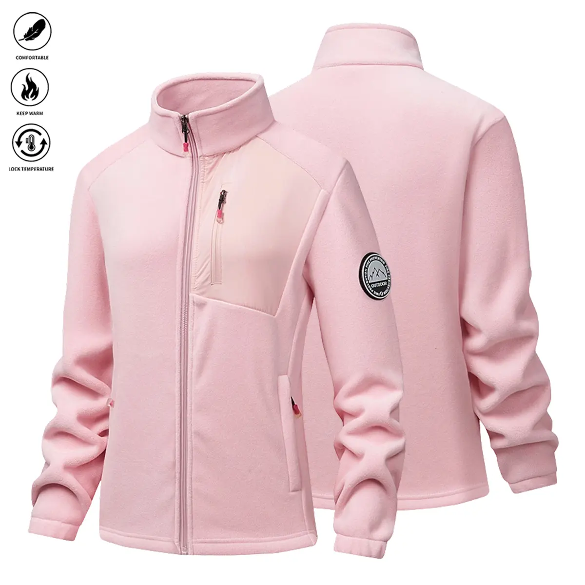 JOGWAVE Women's Solid Plain Zip-Up Jacket - Contrast Chest Zip Pocket, Stand Collar, Thermal Windproof Slim Fit Midweight Outerwear with Mountain Explorer Badge, Multi Security Pockets, Regular Size for Hiking, Casual Street