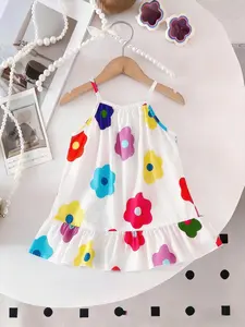 Girls' Summer Dress with Colorful Floral Patterns, Sleeveless Fitted Design, Casual Style for Girls, Sweet Summer Choice, Printed Dress