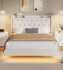 Garvee Floating Bed Frame, Full Bed Frame, Velvet Upholstered Platform Bed with Storage Headboard, RGB LED Light, Wood Slats, Noise Free, Easy Assembly, White