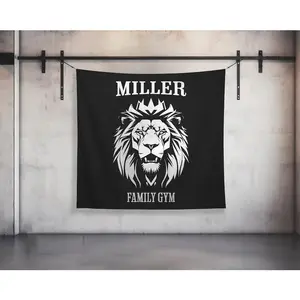 Wall Hanging Tape Set White With Lion And Miller Family Gym Print For Bedroom Decor Custom Gym Tapestry| Home Gym Flag Decor| Large Quote Wall Art| Motivational Inspirational| Your Name Custom Banner| Family Gym