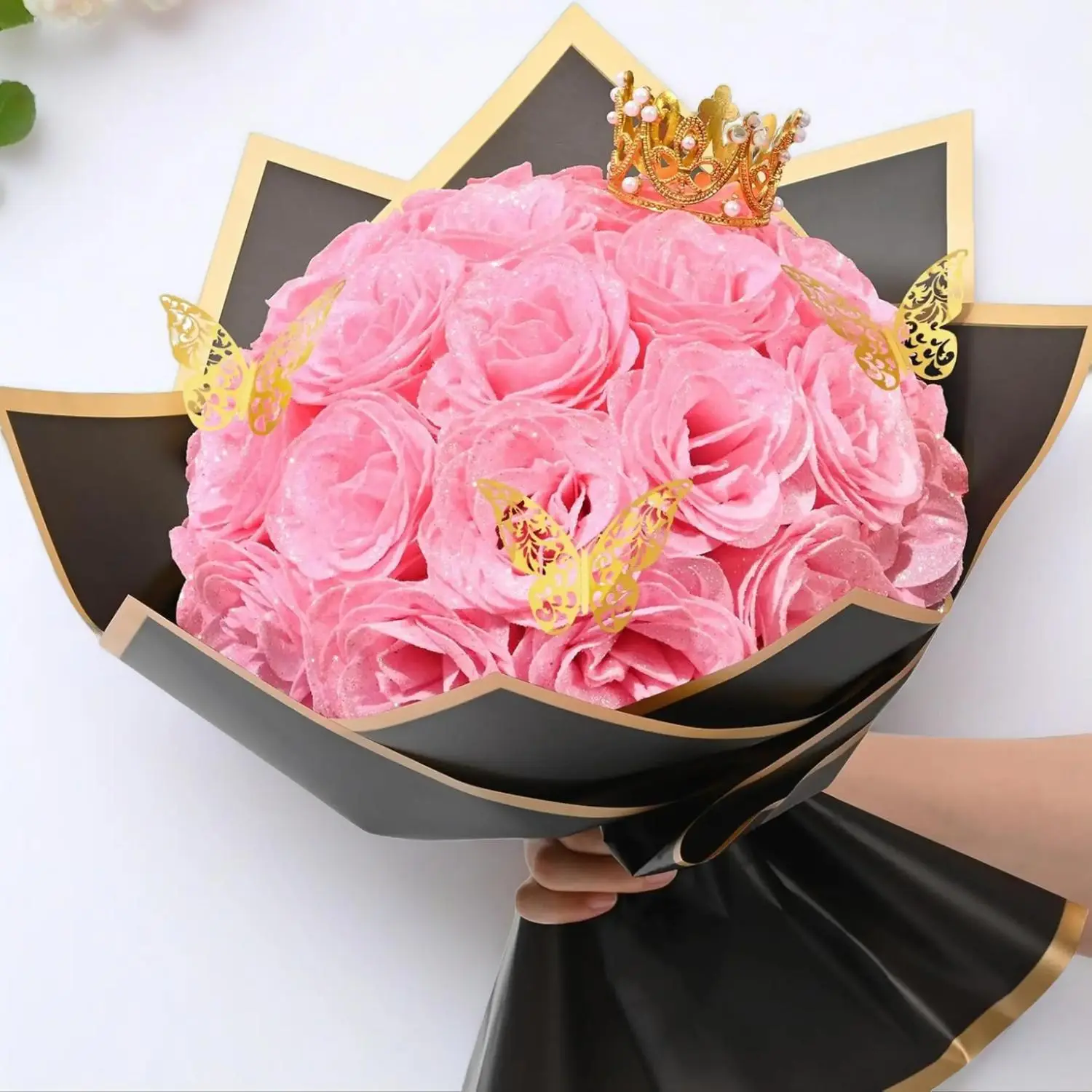 Pink Glitter Roses Bouquet, DIY Fake Flowers Bouquet, Decorative Flowers Bouquet, Diy Bouquets, Diy Eternal Roses, Everlasting Artificial Rose Bouquet, Artificial Flower Arrangements for Valentine's Day, Anniversary, Christmas Gift; 24 Roses