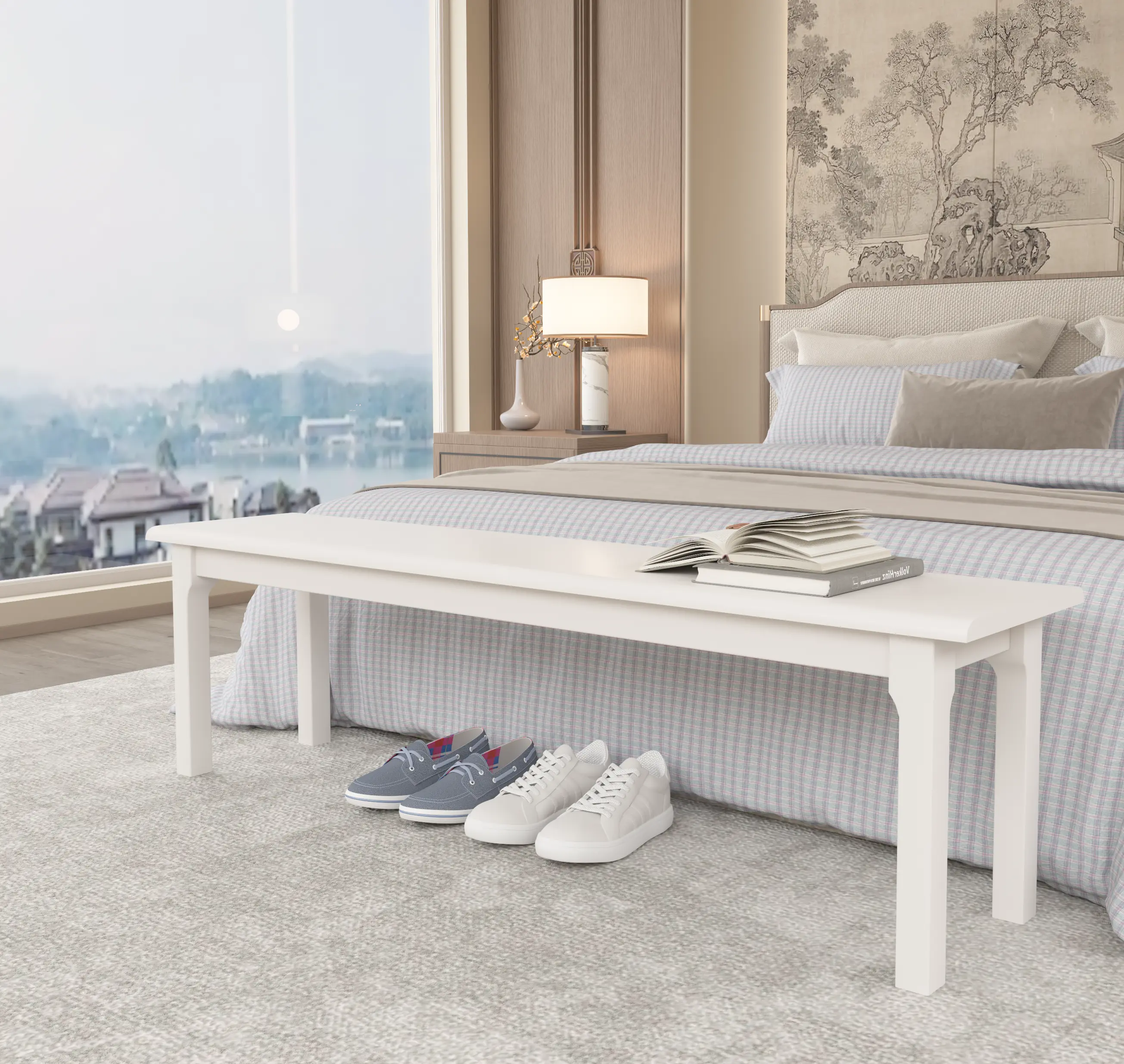 Bed Bench Small Bench Wood Bench Entryway Bench— Suitable for Bedroom,Bathroom,Living Room,100% Solid Oak,47/55/63 Inch,4 Colors bed custom