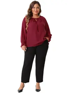 Agnes Orinda Plus Size Women's Casual Classic V Neck Top Drawstring Long Sleeve Elegant Blouse
