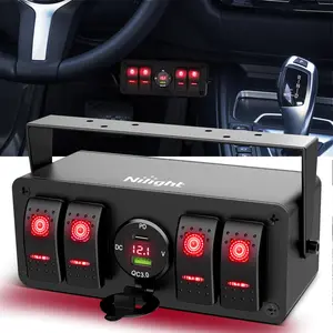 Nilight 4 Gang Rocker Switch Box 12V SPST ON Off Toggle Switches PD Type C and QC 3.0 USB Charger Voltmeter LED Light Waterproof Aluminum Mount Bracket Panel DIY Stickers for Boat Car RV Truck