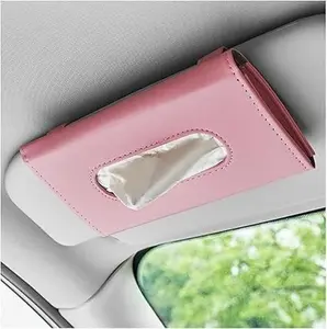 Car Tissue Holder, Leather Hanging Paper Towel Clip with Tissue Refill, Rectangle Napkin Holder , Interior Car Accessories for Tissue Storage ( Pink, Smooth)