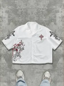 Gothic Style Short Sleeve Shirt, Thorn Cross & Totem Elements, Satin Material, Casual Daily Wear, Gothic Subculture Fashion