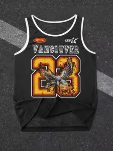 Men's Street Style American Sports Basketball Colorblock Sleeveless Fitted Eagle Athletic Graphic Vest, Workout Tanktop, Comfortable Fashion Short Sleeve T-Shirt for Summer Activities