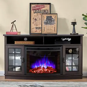 AMERLIFE Curved Fireplace TV Stand with 26" Electric Fireplace, Media Entertainment Center Farmhouse Glass Door Storage Cabinet for TVs up to 65''