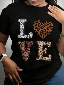 Wild at Heart ‘LOVE’ Graphic Tee - Leopard Print Letters with a Heart ‘O’ in Classic Black & White,Personalized short-sleeved T-shirt for casual daily wear, sporty and casual style, soft and comfortable.