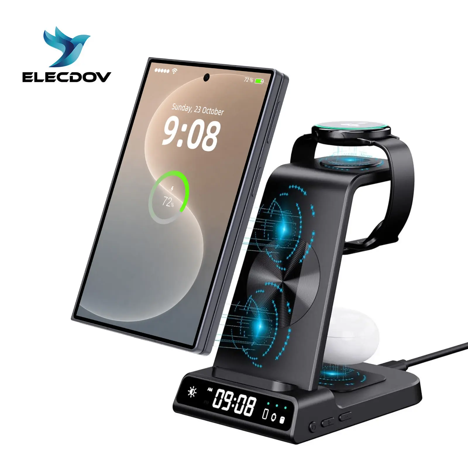 3-in-1 Wireless Charger for Samsung and Apple Devices – Features LED digital clock and charging icon display, 3-level brightness adjustment, portable and easy to store; a great TikTok gift idea, perfect for the back-to-school season.