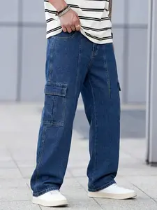 Men's wide-leg denim jeans, multi-pocket loose plain pants, blue stone-washed, high street casual streetwear fashion, suitable for men's daily street wear, outdoor travel and party wear, ideal gift for boyfriend or husband, Menswear