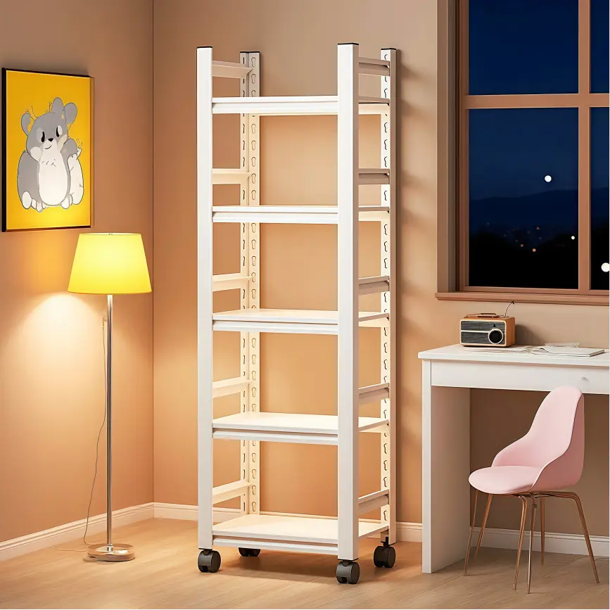 5-Tier Steel Bookshelf with Wheels, Mobile Book Storage Cabinet, Kids Book Display Rack with Hanging Pegboard for Picture Books & Home Organization