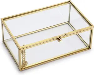 Vintage Rectangle Glass Keepsake Box, Lidded Jewelry Display Organizer, Decorative Storage Box for Trinkets Rings Bracelets, Home Decor Accent