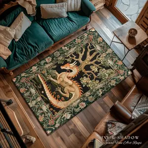 Vintage Medieval Dragon Floral Tapestry Flannel Area Rug - Gothic Mythical Creature Print Soft Mat for Living Room, Non-Slip Cottagecore Home Decor#MedievalDragonRug #FloralTapestryMat #GothicMythDecor #CottagecoreCarpet #NonSlipFlannelRug