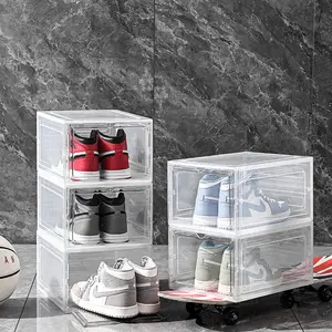 Large Shoe Storage Organizer with Magnetic Door for Closet, Drop Front Shoe Storage Bin for Closet, Stackable Shoe Containers for Sneakers Display, Clear Plastic Shoe Box 6 Pack