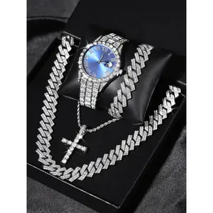 Men's Punk Ste Rhinestone Decor Watch & Bracelet & Adjustable Cross Charm Necklace & Cuban Necklace, Trendy Jewelry Set, Exquisite As Gift with Box