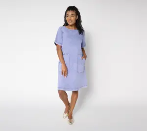 LOGO by Lori Goldstein Petite Elbow Sleeve Denim Swing Dress