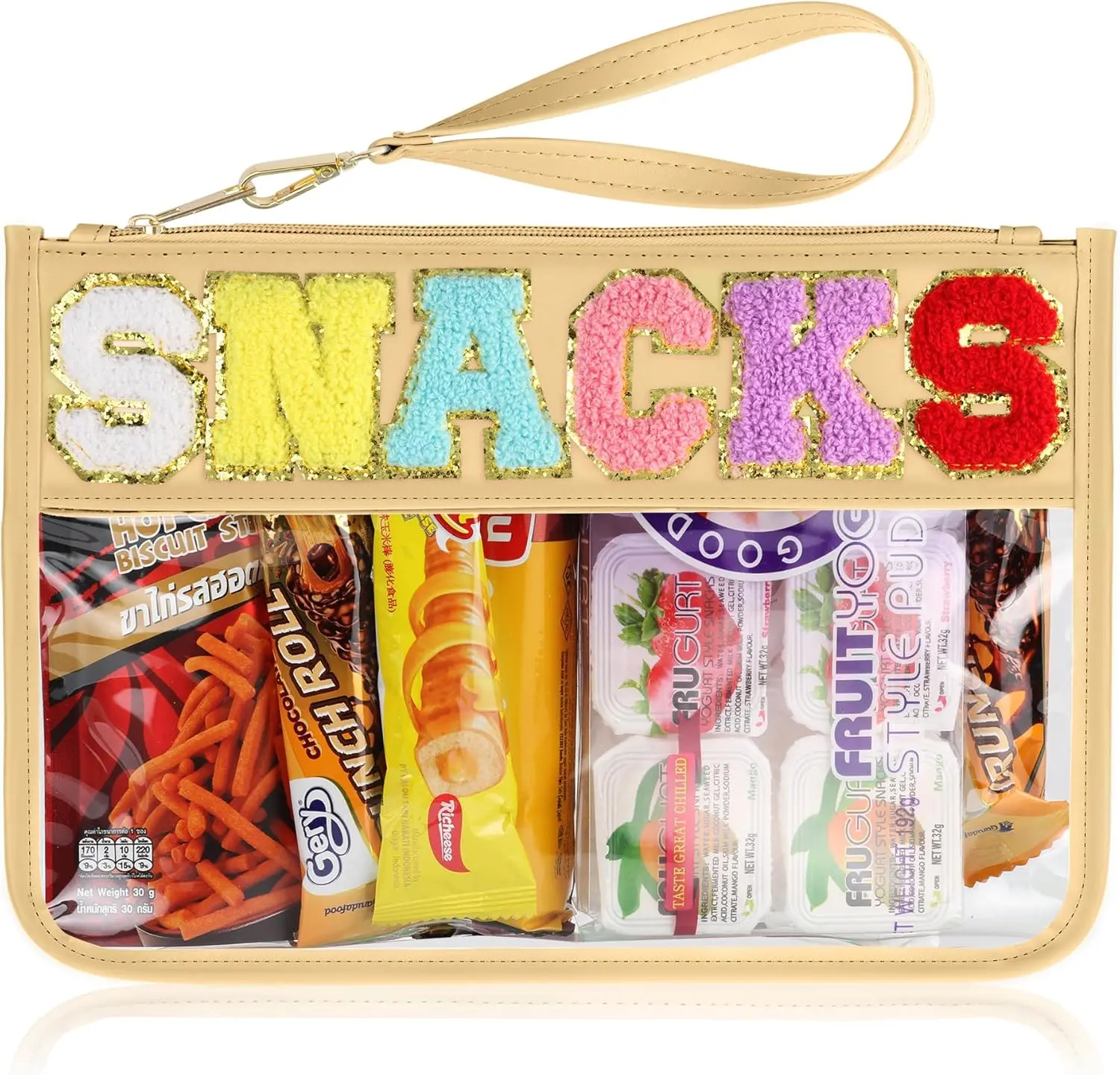 Snack Bag for Travel - Clear Chenille Varsity Letter Flat Pouch with Zipper, 12.28.46 inch  Clear Nylon Preppy Patch Makeup  tote Bags for Women Girls
