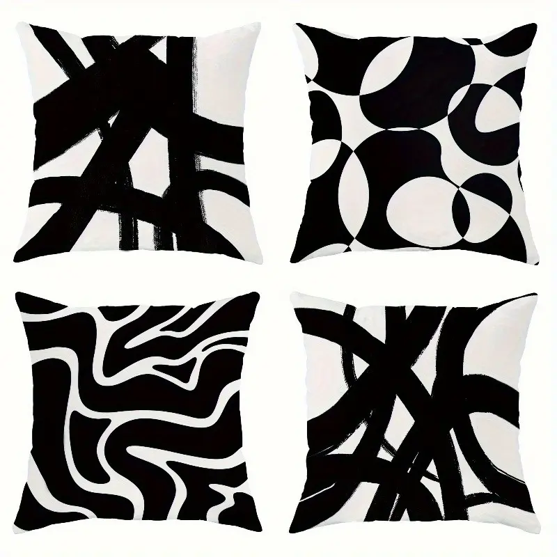 4pcs-Black & White  Pillowcases, Abstract Modern Minimalist Neutral Art Design, Decorative Cushion Cover, Suitable for Living Room, Bedroom, Sofa and Bed Decoration, Single-sided Printing Without Pillow Core, Home Textile