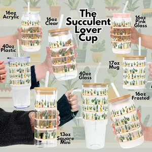 Sip-Sip Hooray! Cute Plant Lover Glass Cup –  Tumbler with Lid & Plastic and Glass Straws, Succulent Aesthetic Coffee Mug Gift for Gardening Mom Printed Glossy Water Bottles