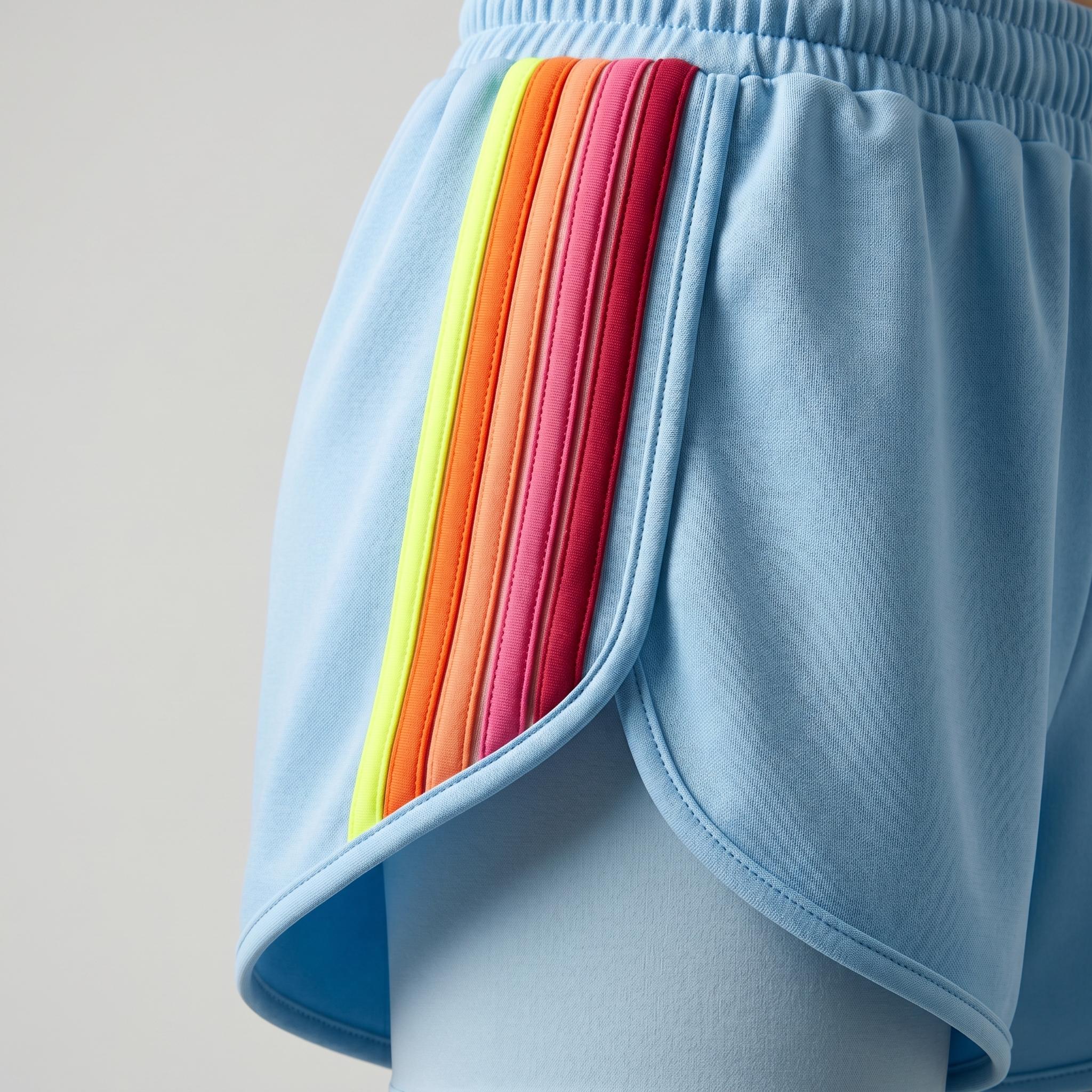 Women's Short 2-Piece Rainbow Strip Outdoor Sportswear Set - Loose Fit Crop Top & Bottoms, Solid Round Neck, Short Sleeves, Lightweight Breathable Blend Clothing, Baby Blue, Baseball Use, Light Spandex Women's Clothes tiktokshopspringglowup, 2 Piece Sets,