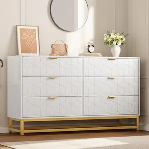 YJ-Garvee White 6 Drawer Dresser for Bedroom, 53.5 Large Dresser with Metal Legs, Modern Chest Organizer with Wide Storage, Chest of Drawers for Bedroom, Living Room, Entryway