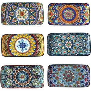 Porcelain Appetizer Plates Set of 6, 8.5 Inch Salad Plates for Sushi, Dessert, Rectangular Serving Platters, Serving Tray for Party, Kitchen, Microwave & Oven Safe, Bohemian