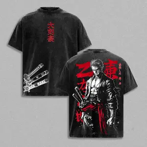 Zoro - OP Vintage Clothing Washed T-Shirt | Anime Zoro Back Print Shirt | Heavyweight Cotton | Unisex Streetwear Top Casual Wear | Three Swordsman Graphic Tee | Gift for Anime Fans