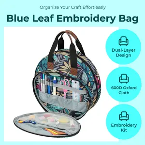 Embroidery Thread Bag with Maple Leaves Round Embroidered Circle Bag Blue Color Knitting Tote Bag Sewing Accessories