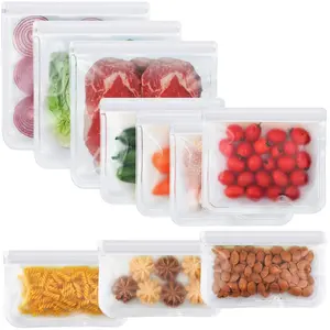 10 Pack Silicone Reusable Bags, Dishwasher Safe & Leakproof, BPA Free Food Storage Bags for Lunch, Marinate, Freeze, Travel - 3 Gallon, 3 Snack, 4 Sandwich (Clear)