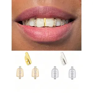 1 Set Single Row Icy Gold & Silver Cubic Zirconia Stud Grill, Adjustable Unisex Hiphop Nightclub Punk Ste Tooth Gems Septum Jewelry