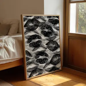Kiss Lips Art Print, Retro Black Kiss Poster, Aesthetic Trendy Print, Coquette Printable Decor, Girly Apartment Dorm Prints, Preppy Wall Art