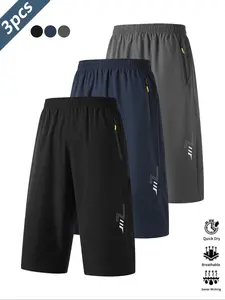 3-piece set, men's 3/4 length shorts, quick drying hiking shorts, summer knee length pants with zippered pockets and printed design, suitable for outdoor sports wear, Streetwear Sports Shorts