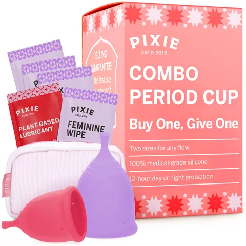 Pixie 2 Menstrual Cups - Ranked 1 for The Softest Reusable Period Cups - Wear 12 Hours - 100% Medical-Grade Silicone - Tampon Alternative for Feminine Care - Buy One We Give One (Combo)