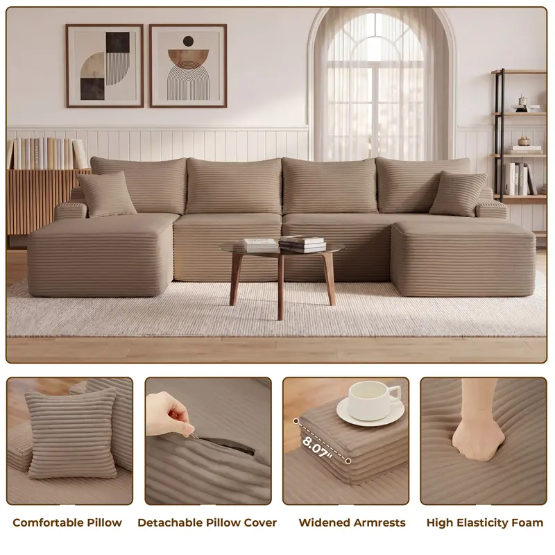 【1-2 Packages】118" U Shaped Boneless Sectional Sofa bed with 2 Pillows, 6-Seater Oversized Modular Couch, Comfy Corduroy Cloud Sofa with Deep Seat, Fluffy Cozy Sofa for Living Room, No Assembly Required 【1-2 Packages】118" U Shaped Boneless Sectional Sofa bed with 2 Pillows, 6-Seater Oversized Modular Couch, Comfy Corduroy Cloud Sofa with Deep Seat, Fluffy Cozy Sofa for Living Room, No Assembly Required