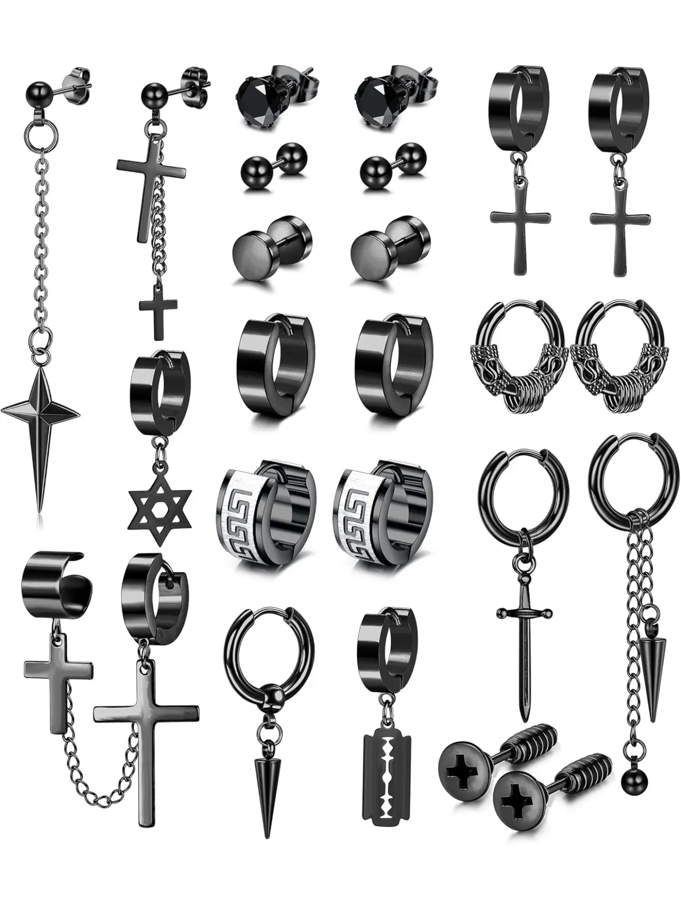 13 Pairs Mens Earrings Stud Earrings Set Earring Pack Stainless Steel Hoop Earrings Dangle Cross Earrings Kpop Punk Earrings Fashion Boys Earrings Silver Gold Black Earrings for Men Women Punk Style Earrings Ear Accessories
