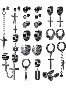 13 Pairs Mens Earrings Stud Earrings Set Stainless Steel Hoop Earrings Dangle Cross Earrings Kpop Punk Earrings Fashion Boys Earrings Silver Gold Black Earrings for Men Women Punk Style Earrings