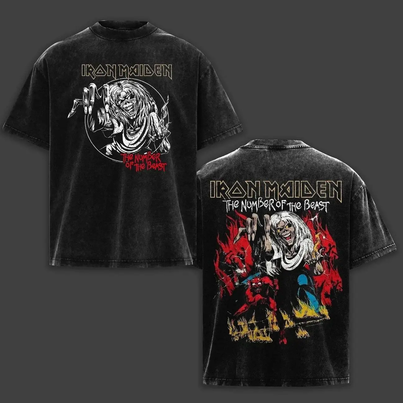 The Number of the Beast Iron Maiden Washed T-Shirt, Eddie the Head Heavy Metal Music Band Washed Tee, Rock Band Double Printed Washed Graphic T-Shirt, Gift For Metalhead Fan Crewneck Casual Cotton Fabric Menswear