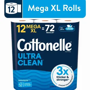 Cottonelle Ultra Clean Toilet Paper, Strong Toilet Tissue, 12 Mega XL Rolls