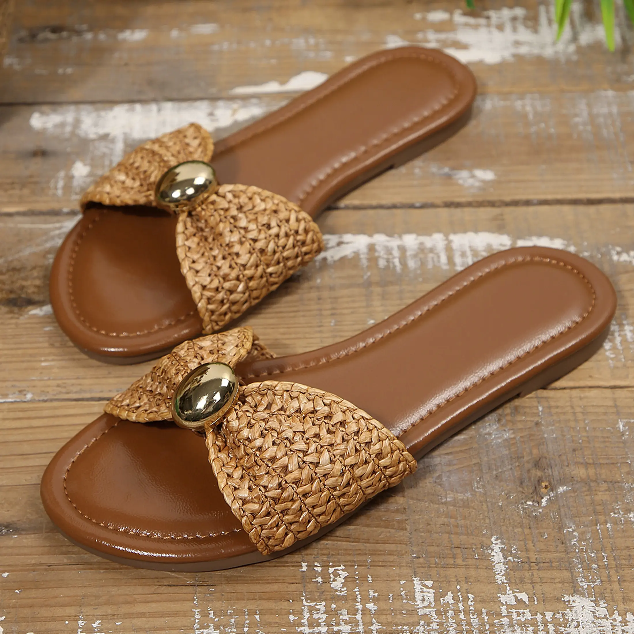 Women's Soft Sole Raffia Woven Bow Knitted Slide Sandals Daily Summer Casual Open Toe Slippers