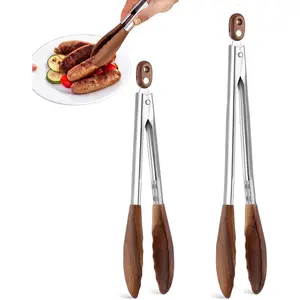 Wooden Tongs for Cooking & Serving , Stainless Steel Salad Tongs with Walnut  Tip, Anti-Slip Long Handle Wooden Kitchen Tongs Heat Resistant, Smooth Locking & Hanging Cooking Utensils Set of 2