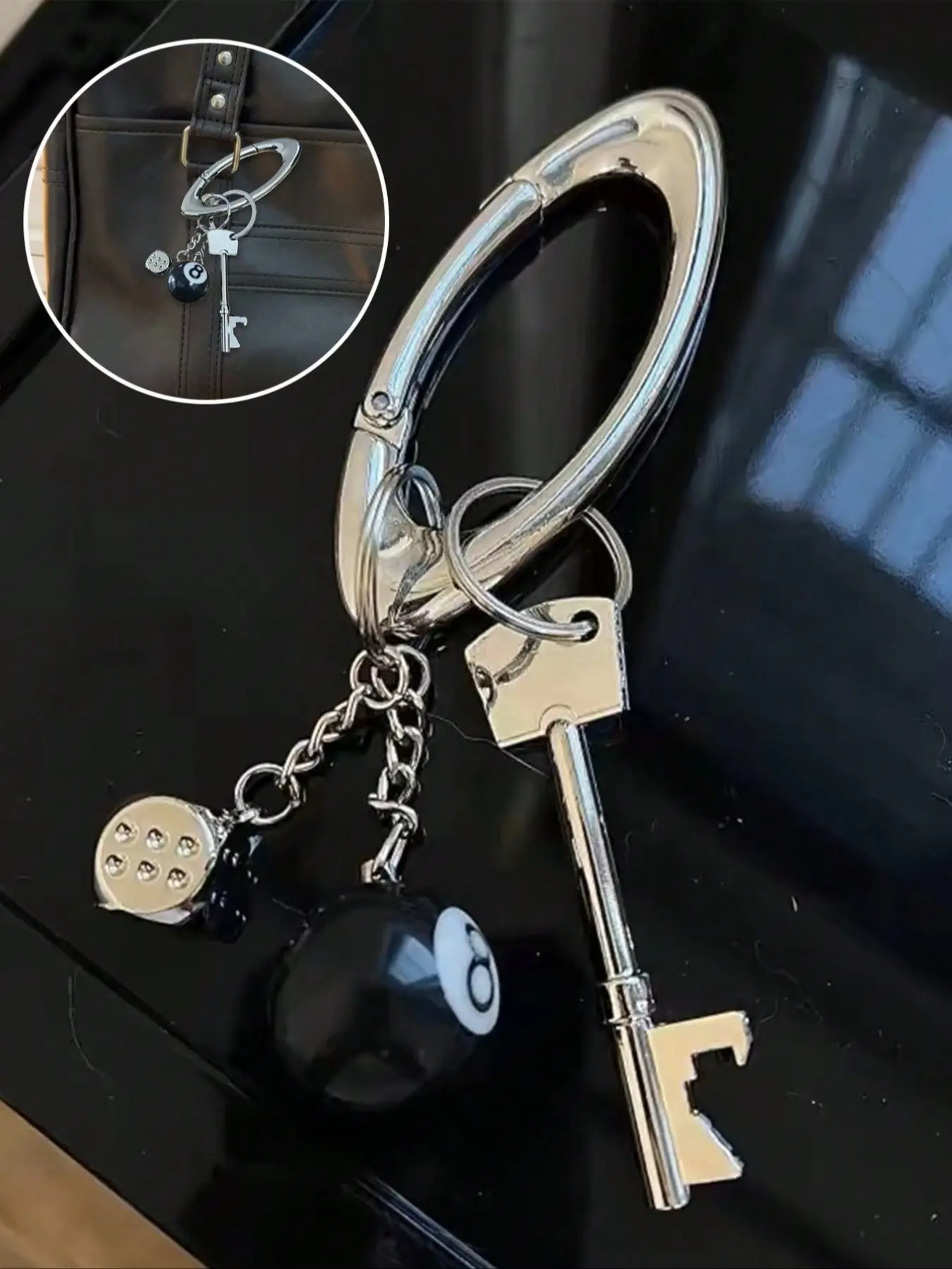 1 piece/set, Black No. 8 Ball Themed Bag Charm, Bag Decoration Charm, Zinc Alloy Carabiner Keychain for Bags Set, Fashion Jewelry - Oval Clip - Dice Pendant, Bottle Opener Pendant, Customizable Streetwear Accessory Set, Women's Gift, Birthday Gift