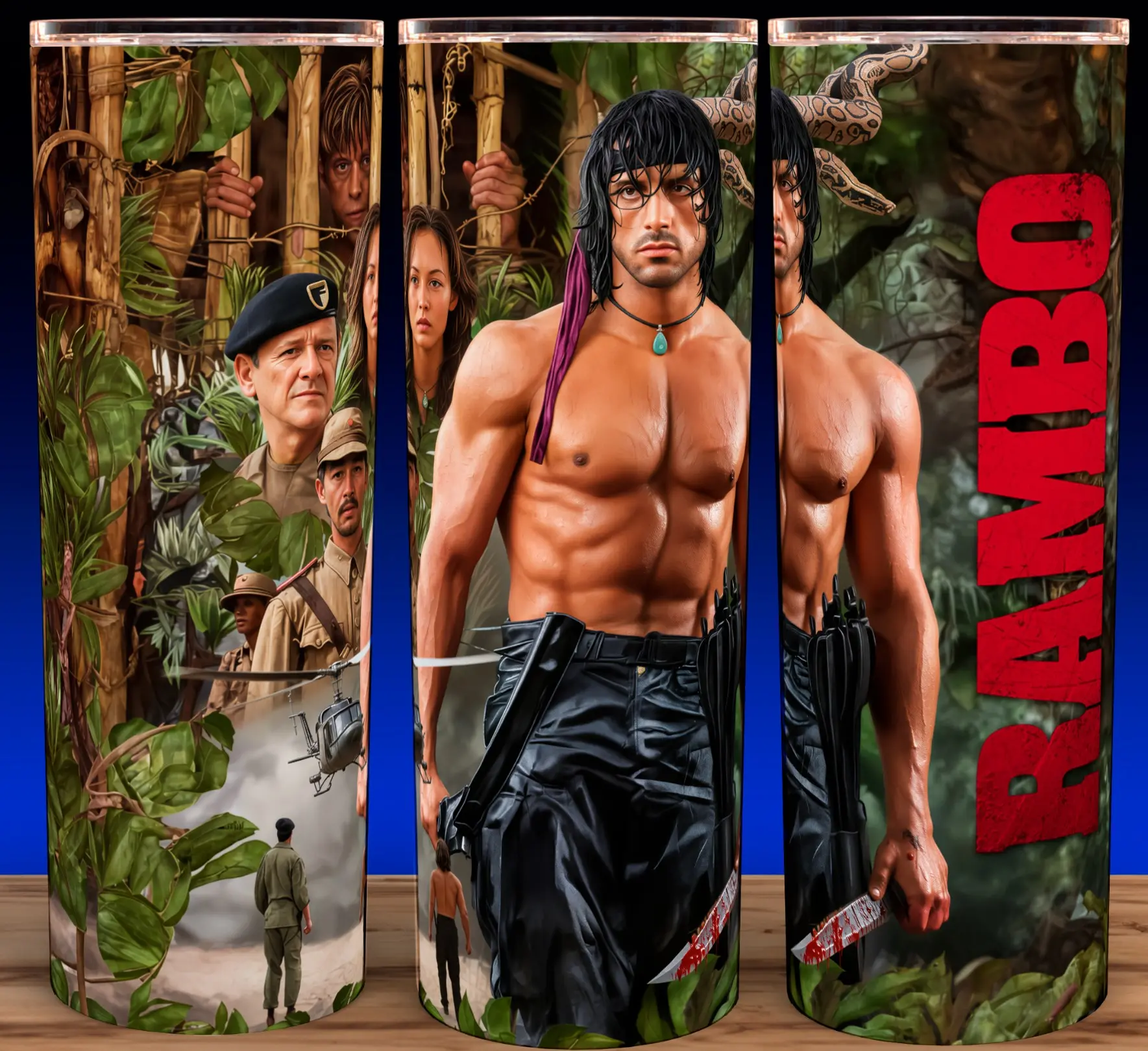 Rambo  - Sylvester Stallone Action Movie Cup Mug Tumbler 20oz Stainless Steel with Slide Closure Lid, Reusable Plastic Straw, Handmade Design - Drinkware Classic Flasks